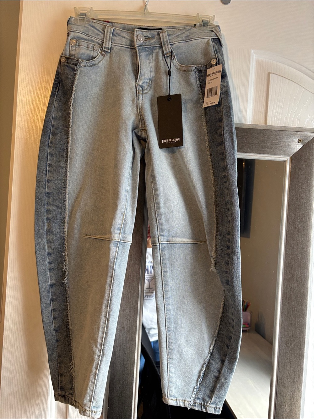 True Religion Two-Tone Light and Dark Blue Panel Jeans barrel jeans girls